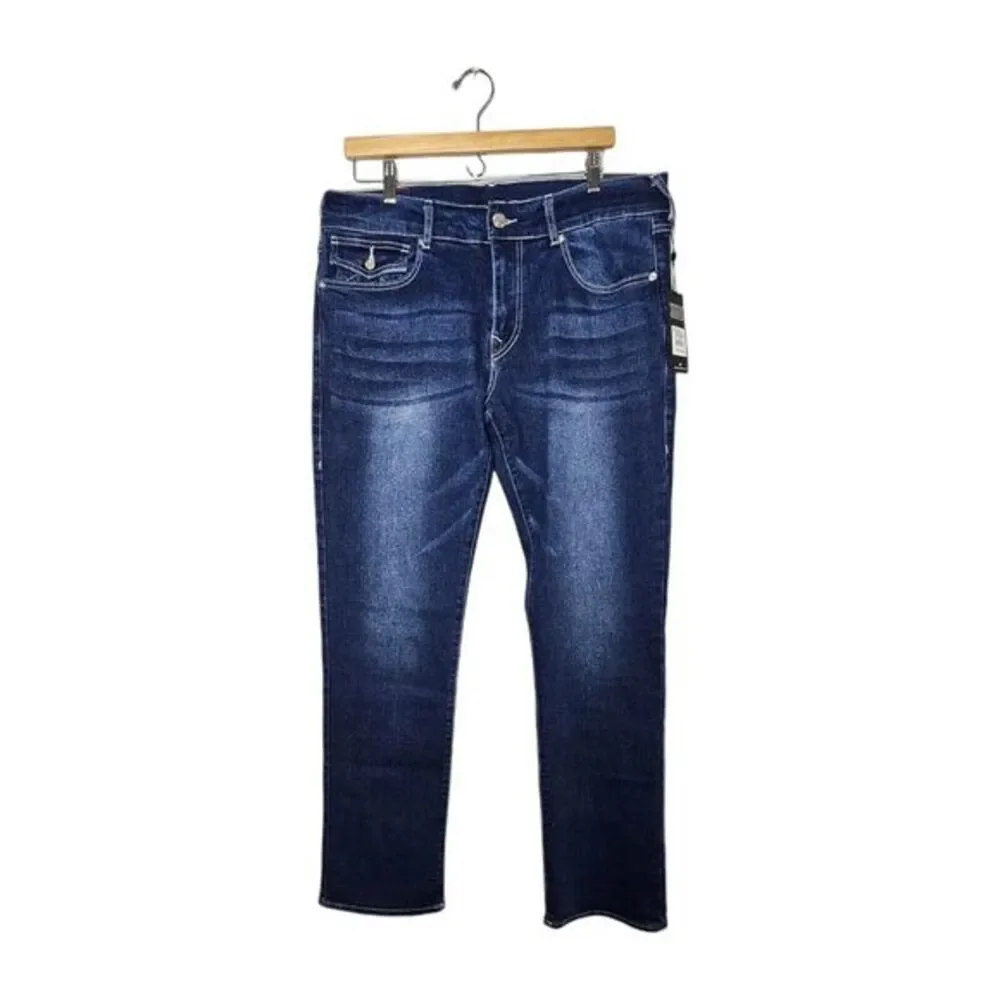 NWT True Religion Ricky Flap SN Men Blue Denim Jeans Size 36x34 Relaxed Straight